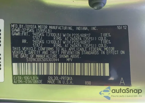 2013 Toyota Sienna Xle V6 8 Passenger from USA, damaged, VIN 5TDYK3DC5DS303944